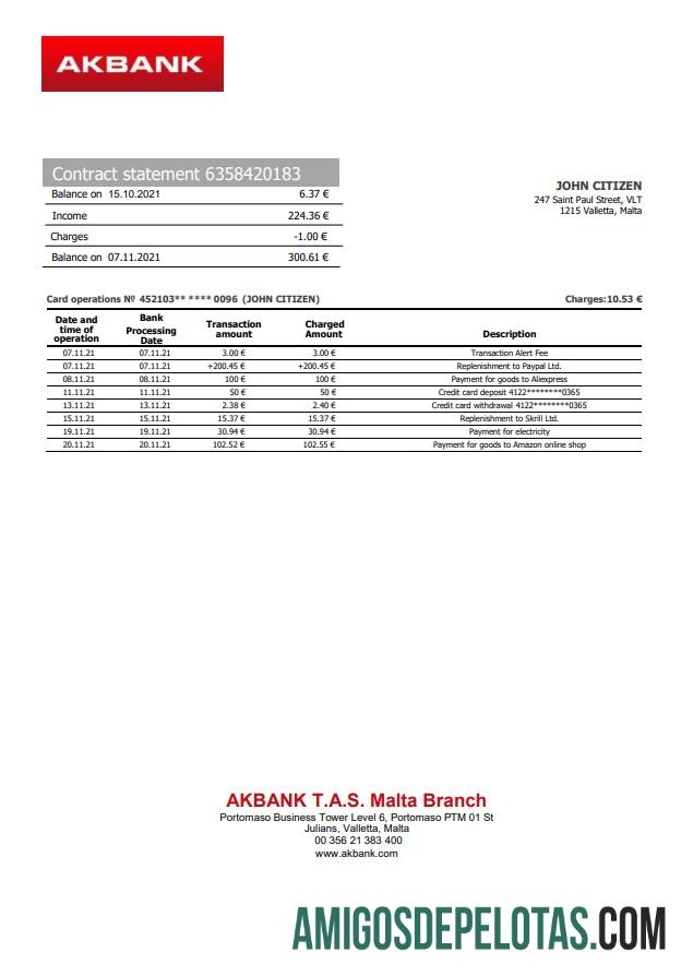 Exemplo de extrato bancário do Akbank de Malta